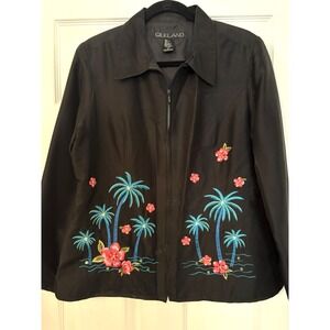 Silk Land Jacket Women large Black 100% Silk Embroidered Palm Trees Zip Up *flaw